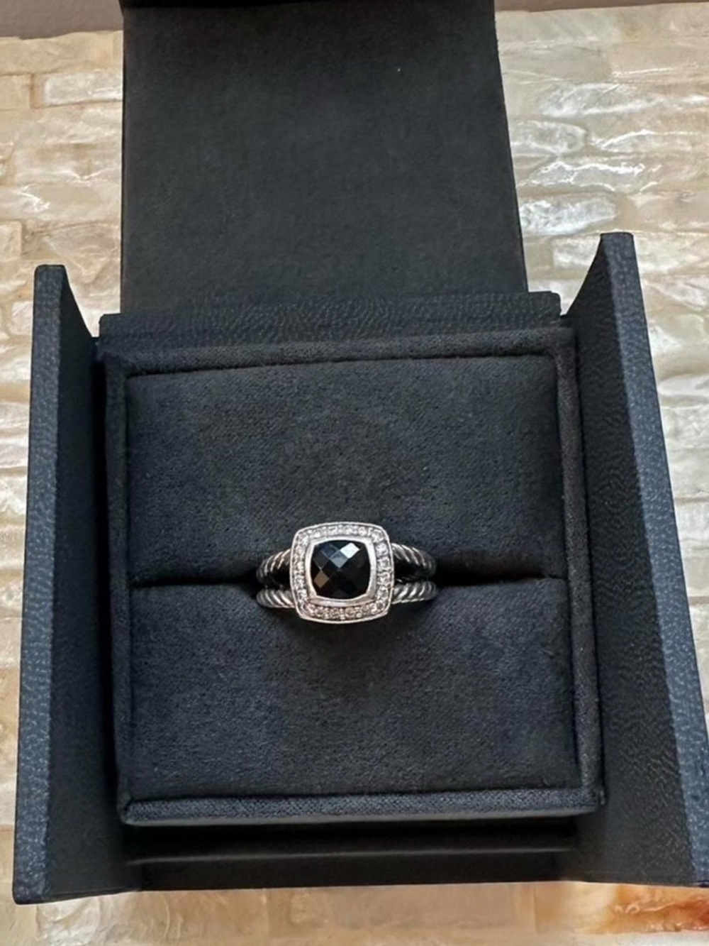 David Yurman Sterling Rope Band Ring with Black Onyx Cushion 5.5 size